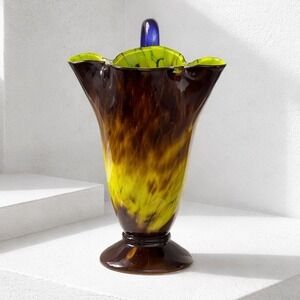 Vintage Czech Hand Blown Glass Pitcher Yellow Brown Spatter Cobalt Blue Handle